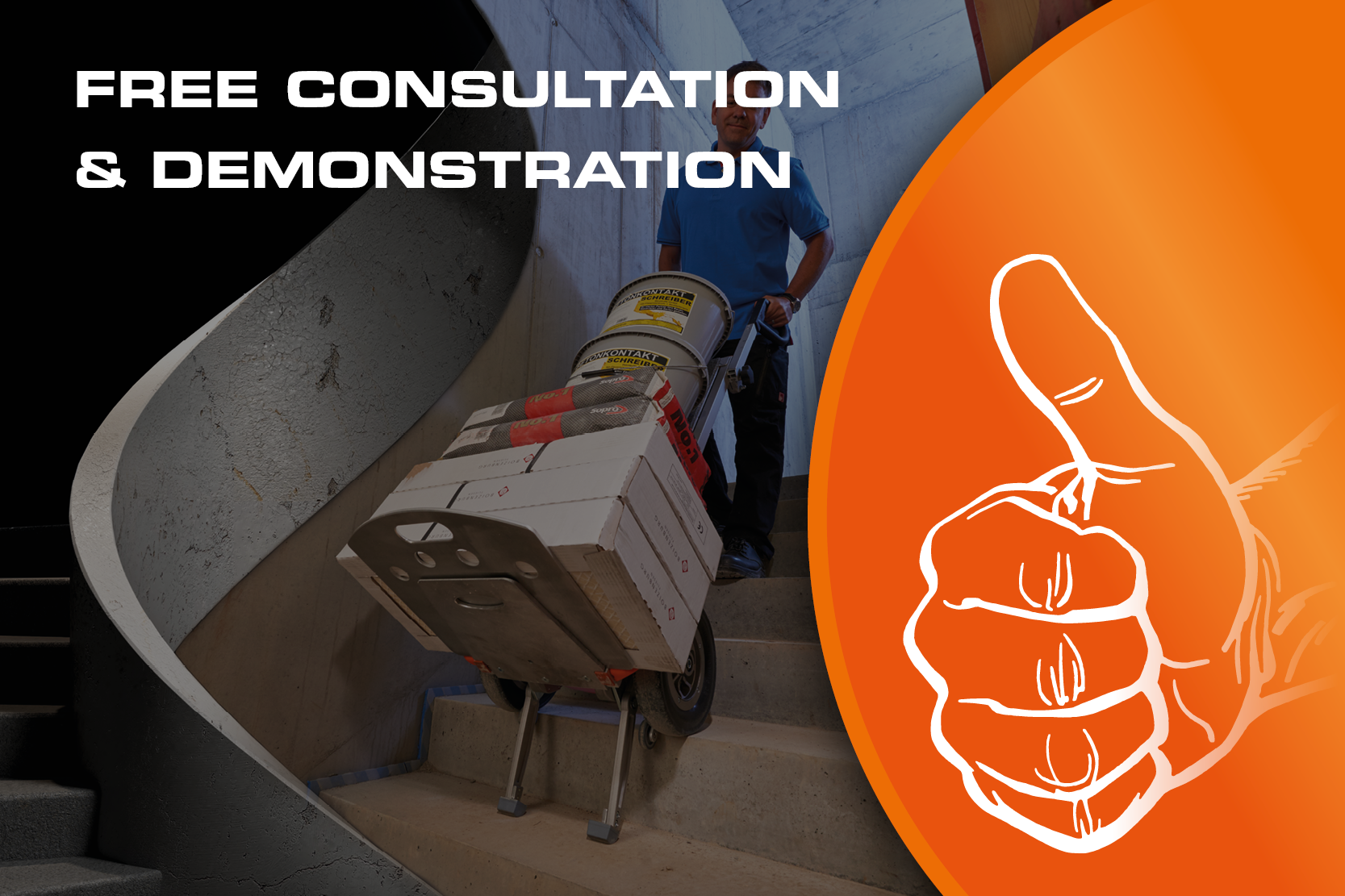 The image shows a middle-aged man effortlessly carrying a large stove down a spiral staircase with our CargoMaster stair climber. The image also includes information about when and where we will be at the ISH trade fair.