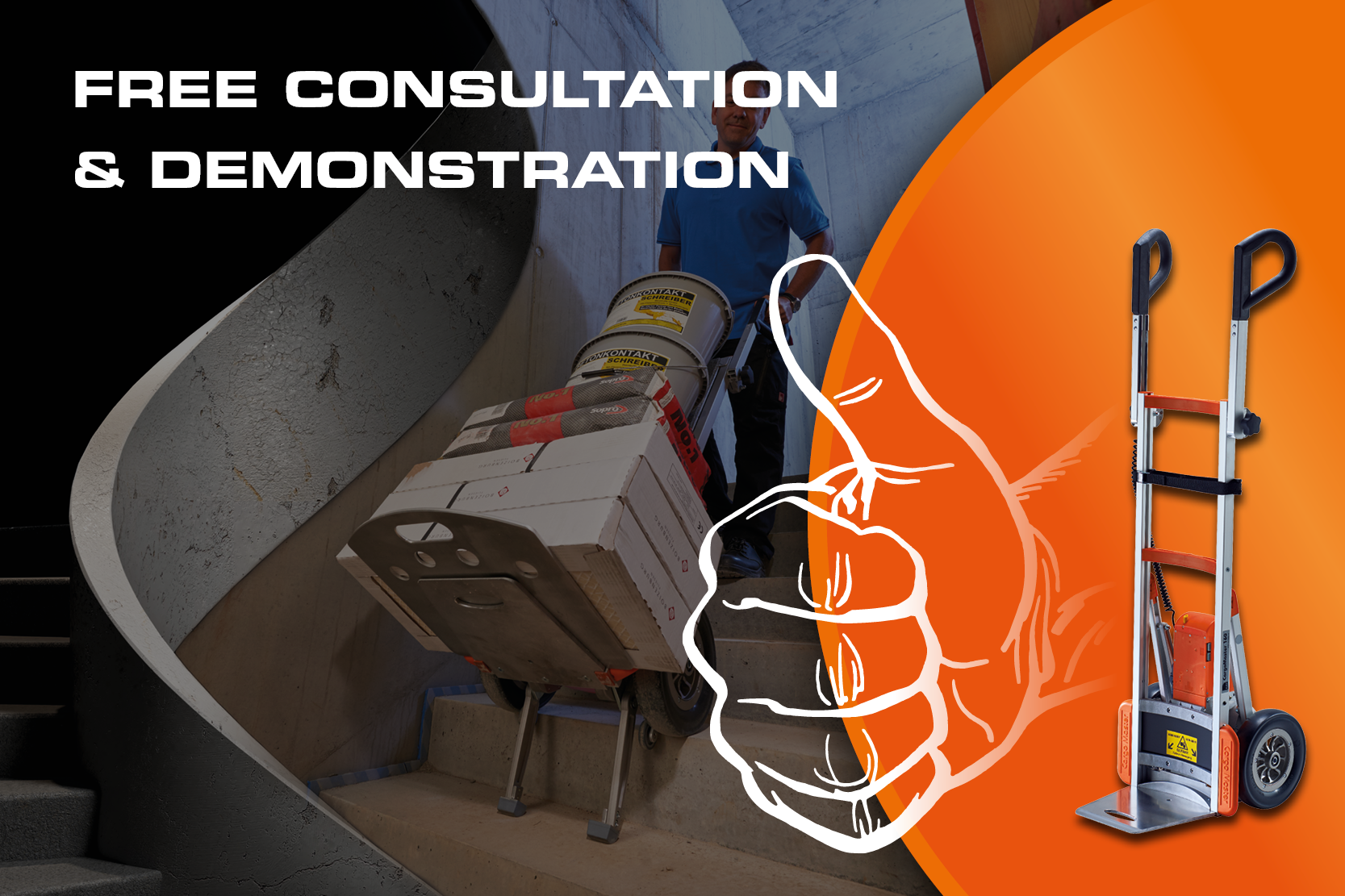 De foto toont een man die verschillende zware materialen een trap op vervoert met een trapzakwagen. Op de afbeelding staat “Advies & gratis demonstratie”. Er is ook een tekening van een hand die zijn duim omhoog strekt. 