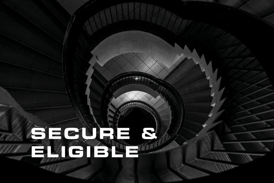 The picture shows a black spiral staircase, the picture says "Safe & eligible"