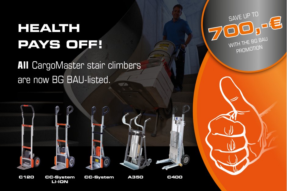 All CargoMaster stair climbers now BG BAU-listed - secure up to €700 subsidy for ergonomic stair transport.