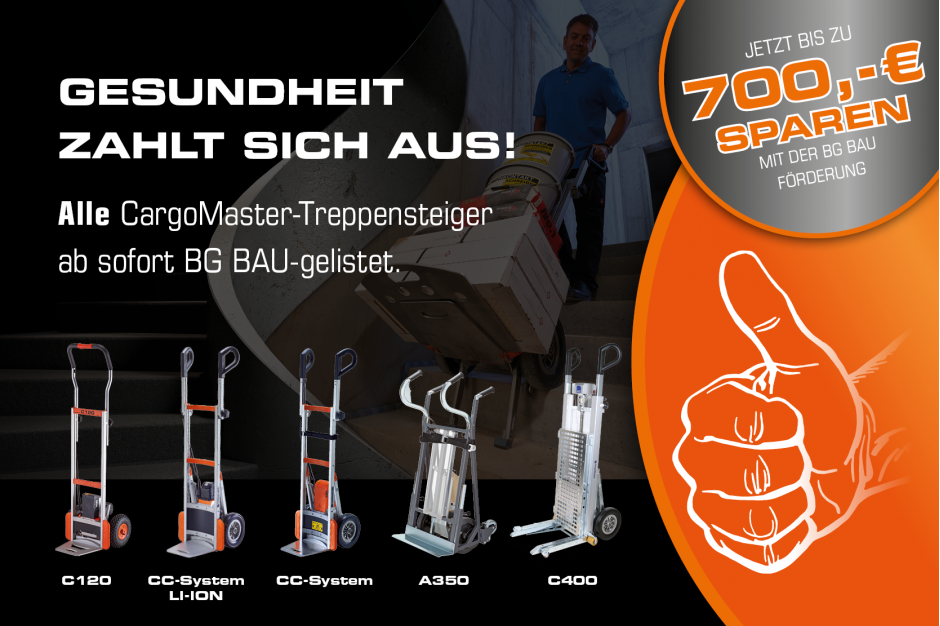 Alle CargoMaster-Treppensteiger jetzt BG BAU-gelistet – bis zu 700 € Förderung für ergonomischen Treppentransport sichern.