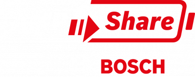 White and red logo of the AMPShare Alliance with the title: AMPShare Powered by Bosch.