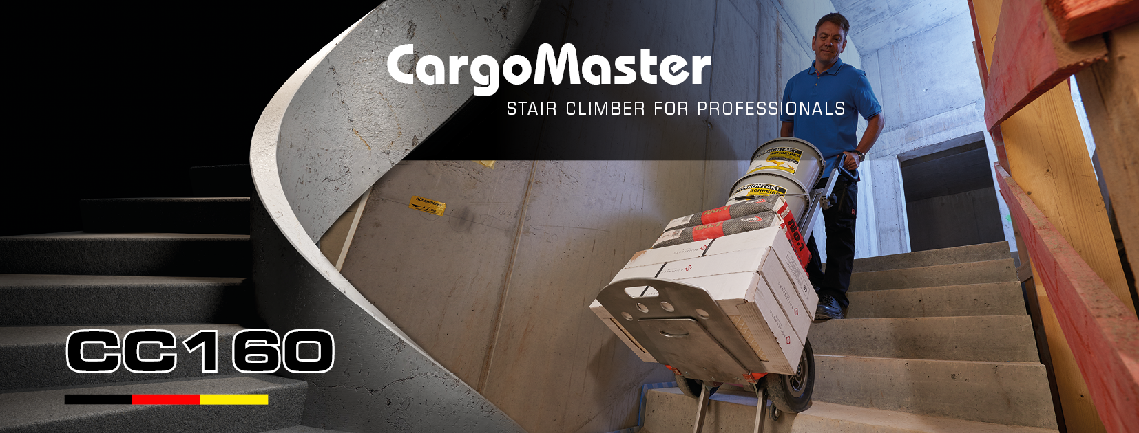 The picture shows a man transporting various heavy materials up a flight of stairs with a stairway hand truck. The picture reads “AAT CargoMaster stair climber for professionals”, load transport up to 200 kg over stairs, extremely safe step edge braking system per wheel, multi-stage battery indicator integrated. There is also a drawing of a hand stretching its thumb upwards. 