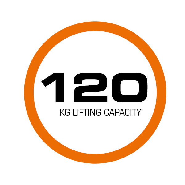 Round icon with orange frame. The icon reads "120 kg lifting capacity"