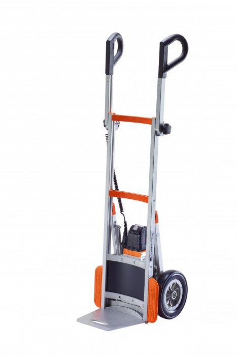 This is a cropped product photo of the mobile stair climber for loads CargoMaster CC system from the German manufacturer AAT with lithium-ion battery from Bosch.