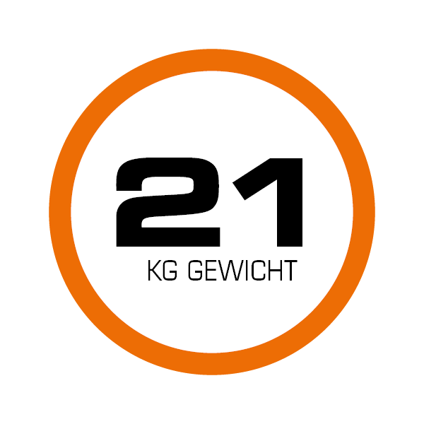 Rundes Piktogramm mit orangefarbenem Rahmen. Auf dem Piktogramm steht "21 kg Gewicht", womit das Eigengewicht des Treppensteigers gemeint ist.