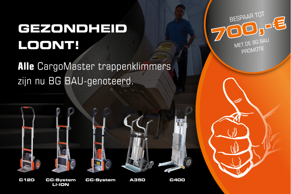 Alle CargoMaster trappenklimmers zijn nu BG BAU-genoteerd - verzeker u van €700 subsidie voor ergonomisch traptransport.