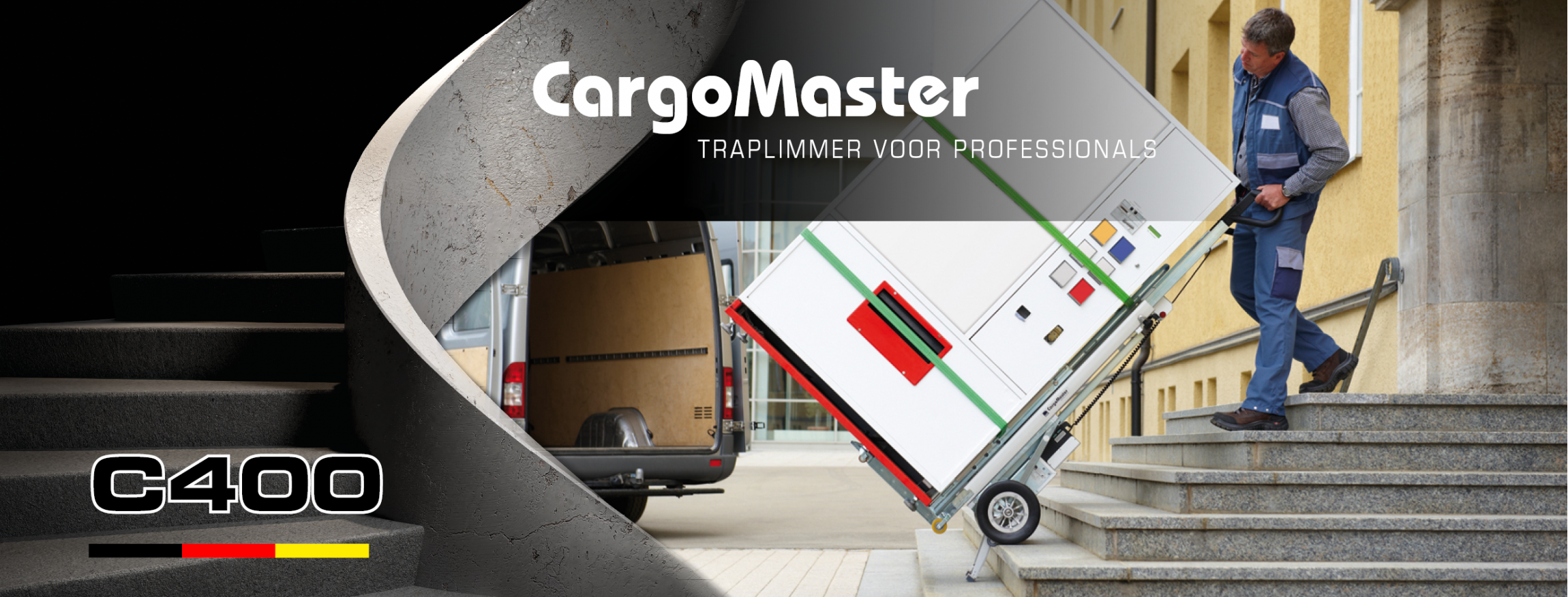 Op de foto is een man te zien die een elektrische CargoMaster trapklimmer gebruikt om een drankautomaat de trap op te transporteren. Links is een trap te zien en de productnaam C400. 
