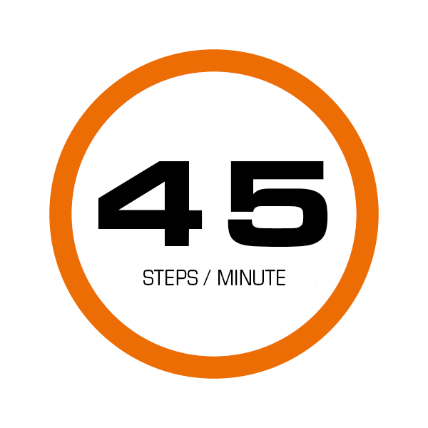 Round pictogram with orange frame. The pictogram reads "45 steps / minute"."