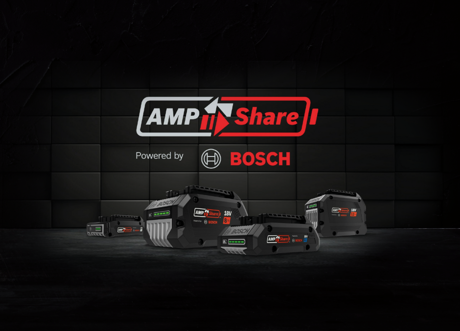 Das Bild zeigt vier unterschiedlich große Akkus von Bosch mit der AMPShare-Funktion, die AAT inzwischen ebenfalls anbietet. In der Mitte befindet sich ein Schriftzug: "AMPShare Powered by Bosch".