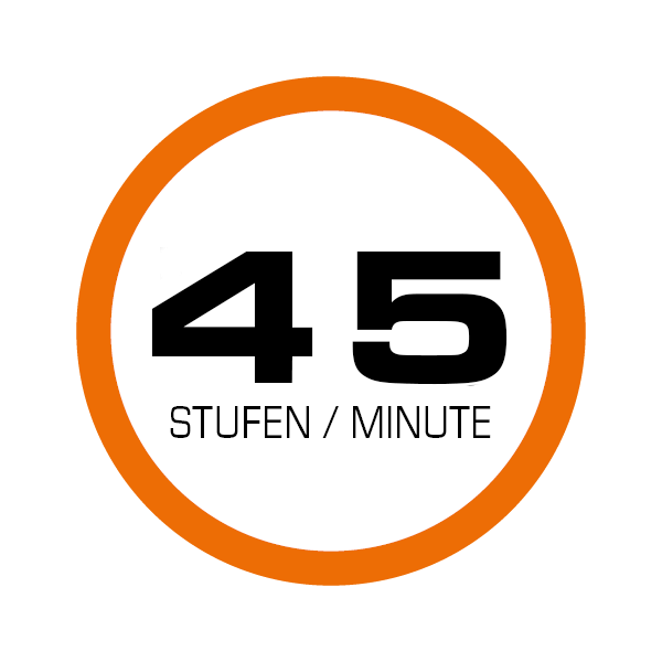 Rundes Piktogramm mit orangefarbenem Rahmen. Auf dem Piktogramm steht "45 Stufen / Minute"."