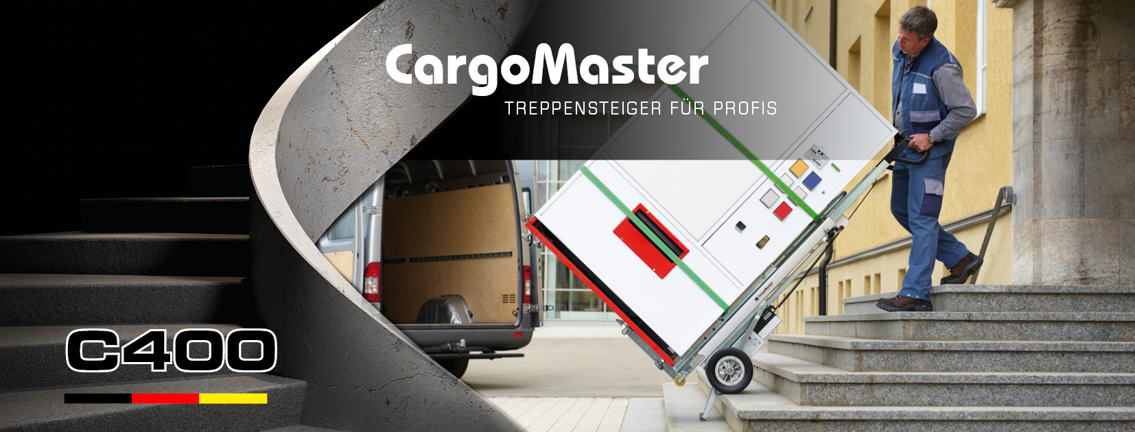 Das Bild zeigt einen Mann, der mit Hilfe eines elektrischen Lastentreppensteigers CargoMaster, einen Getränkeautomat über Stufen befördert. Links ist eine Treppe sowie der Produktname C400 ist zu lesen. 