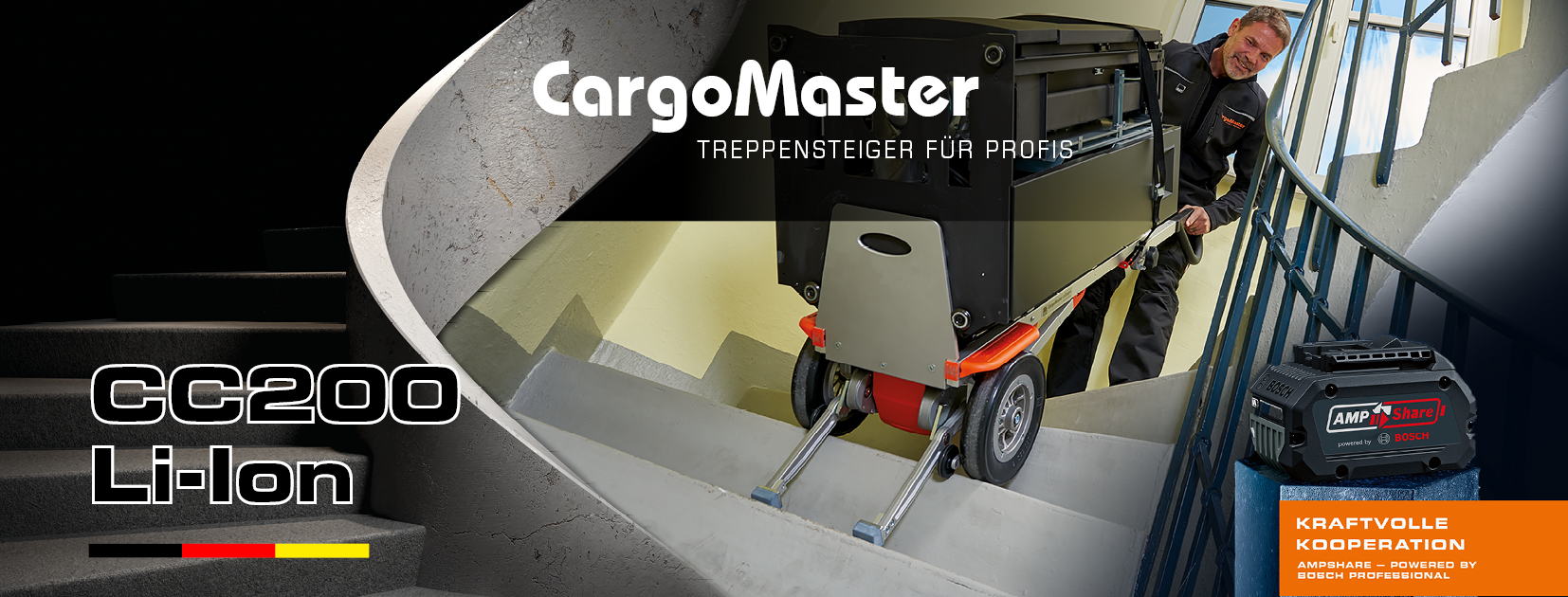 Das Bild zeigt einen Mann, der mit Hilfe eines elektrischen Lastentreppensteigers CargoMaster, eine schwere Last über eine Treppe befördert. Links ist eine Treppe angedeutet sowie der Produktname CC200 Li-Ion ist zu lesen. Im rechten Teil des Bildes befindet sich ein Bild eines Akkus mit dem Text "Kraftvolle Kooperation - AMPShare - Powered by BOSCH Professional.