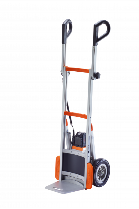 Dit is een bijgesneden productfoto van de mobiele trapklimmer voor ladingen CargoMaster CC systeem van de Duitse fabrikant AAT met lithium-ion batterij van Bosch.