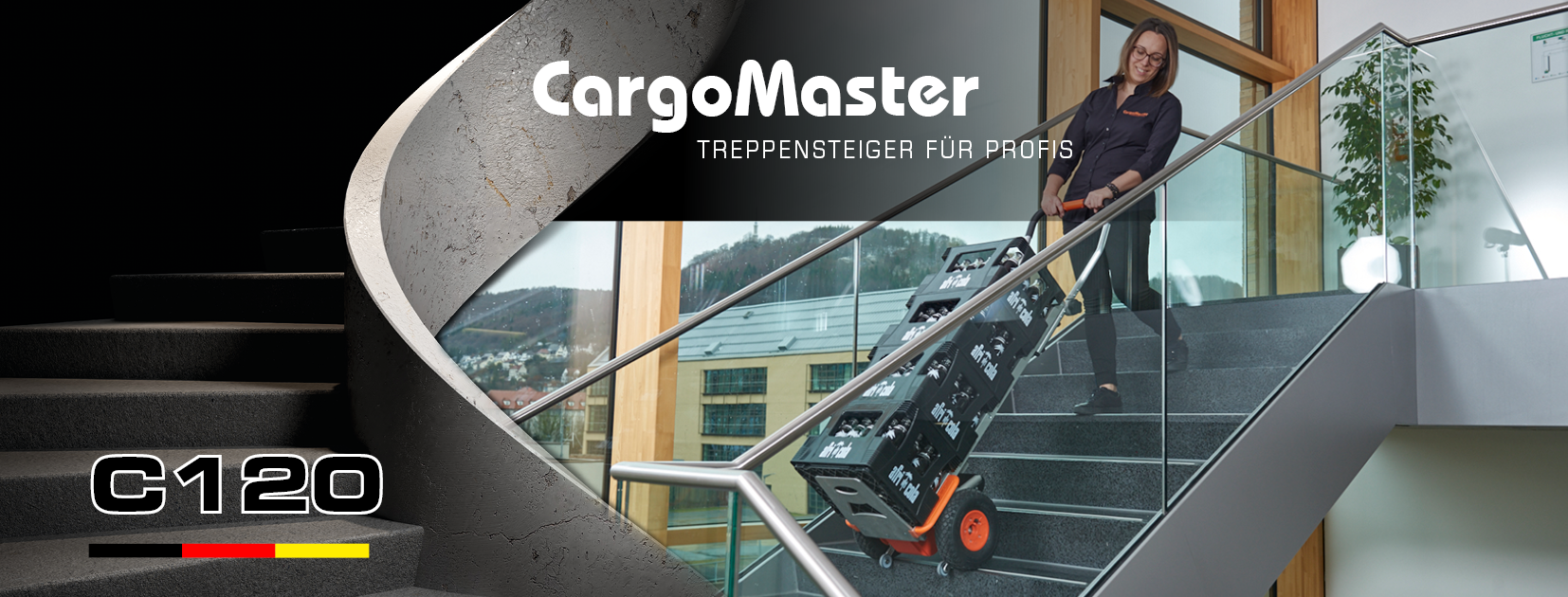 The picture shows a middle-aged woman using a CargoMaster stair climber for loads to carry five large green baskets of groceries up and down stairs at once. The woman looks very relaxed and hardly needs any strength. 