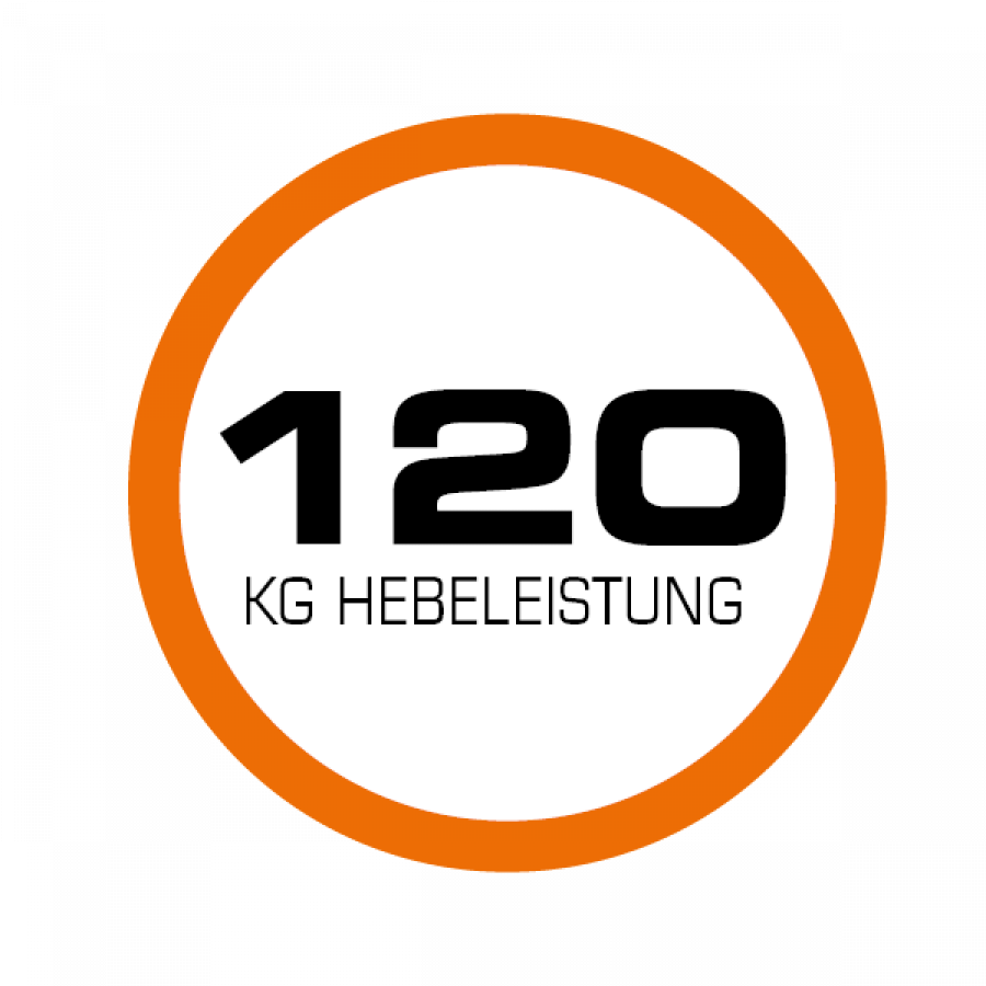Rundes Icon mit orangefarbenem Rahmen. Auf dem Icon steht "120 kg Hebeleistung"