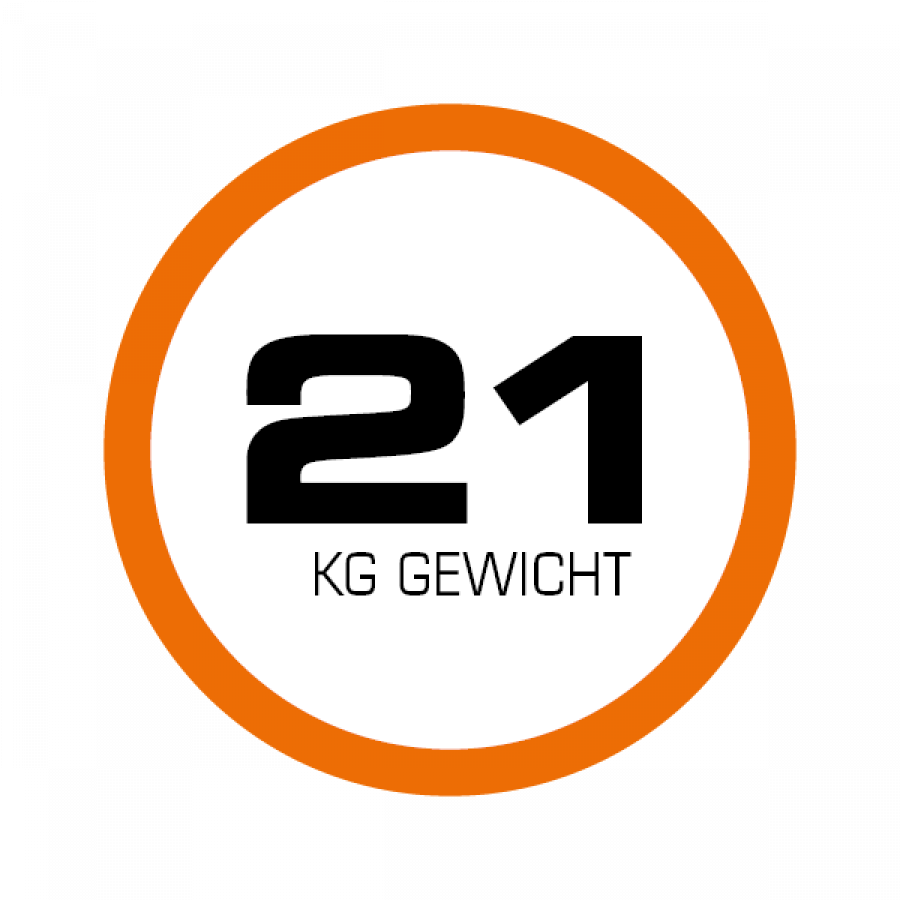 Rundes Piktogramm mit orangefarbenem Rahmen. Auf dem Piktogramm steht "21 kg Gewicht", womit das Eigengewicht des Treppensteigers gemeint ist.