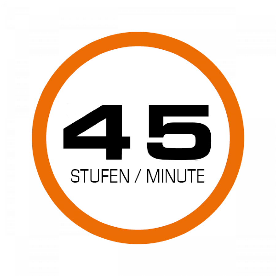 Rundes Piktogramm mit orangefarbenem Rahmen. Auf dem Piktogramm steht "45 Stufen / Minute"."
